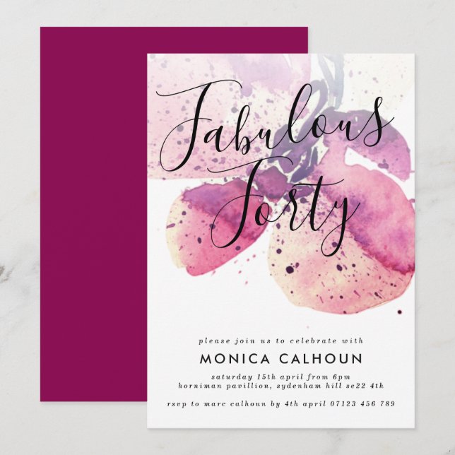 40:e födelsedagen Party Berry Watercolor Orchid Inbjudningar (Fram/baksida)