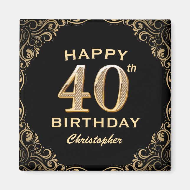 40:e födelsedagen Party Black och Guld Glitter Ram Magnet (Framsidan)