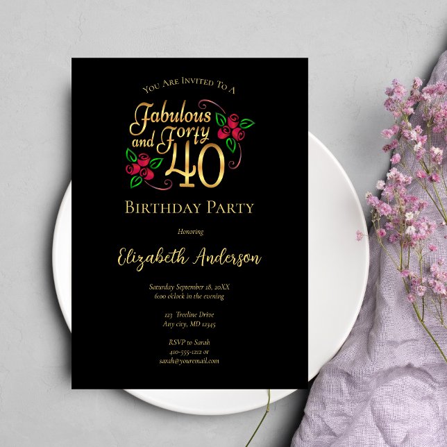 40:e födelsedagen Party Black och Guld med Ro Inbjudningar (Skapare uppladdad)