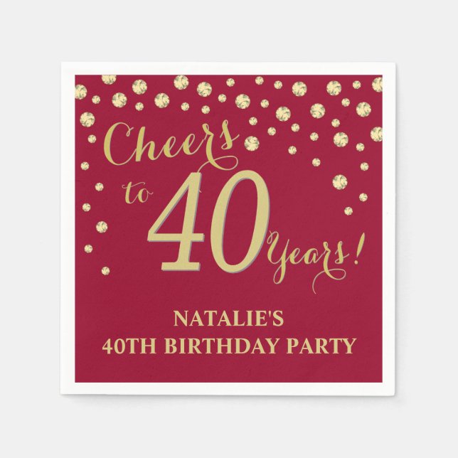 40:e födelsedagen Party Burgundy Red och Guld Diam Pappersservett (Framsidan)