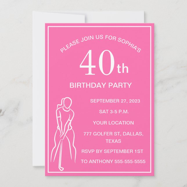 40:e födelsedagen Party Golfer Rosa Dam Golf Par Inbjudningar (Framsida)