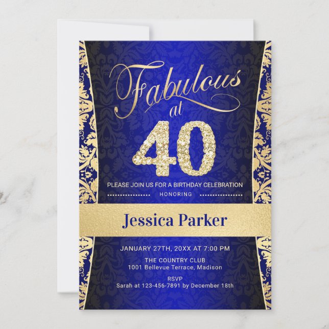 40:e födelsedagen Party - Guld Royal Blue Inbjudningar (Framsida)