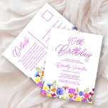 40:e födelsedagen Party Lila Wildblommor till ett  Inbjudan Vykort<br><div class="desc">En söt vildblomma gräns dekorerar grund i den här vuxen 40-årsjubiléet. Blå-, gult- och orange blommor skapar en färgstark design och lycklig för att fira denna milstolpe-födelsedag. Modern och enkel kalligrafi i lila gör att trendiget får en ny beröring till behållan. Det öppna och omsorgsfria bokstavsflödet koordinerar perfekt med daisy...</div>