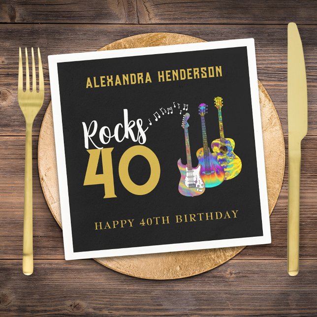 40:e födelsedagen Party Music Guitar Sten 40 Pappersservett (Rock and roll black and gold 40th birthday party personalized paper napkin with funky guitars)