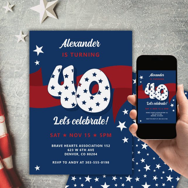 40:e födelsedagen Party patriotiska Rött vitt blåt Inbjudningar (Skapare uppladdad)