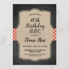40:e födelsedagen Party Red Gingham Burlap BBQ Inb Inbjudningar