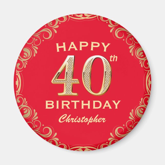 40:e födelsedagen Party Red och Guld Glitter Ram Magnet (Framsidan)