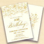 40:e födelsedagen Party Ro Blommigt i Elfenbenskus Inbjudningar<br><div class="desc">Elegant öppen linje guld ro skapar perfekten överst gräns. Den elfenbensvita bakgrunden ge är en sofistikerad varm glöd och kalligrafin ger en luxfärgad beröring. Denna inbjudan ingår i Luxe Guld Ro-samlingen. Den innehåller mallar för födelsedagssvitpapper,  välkomsttecken och party dekorationer.</div>
