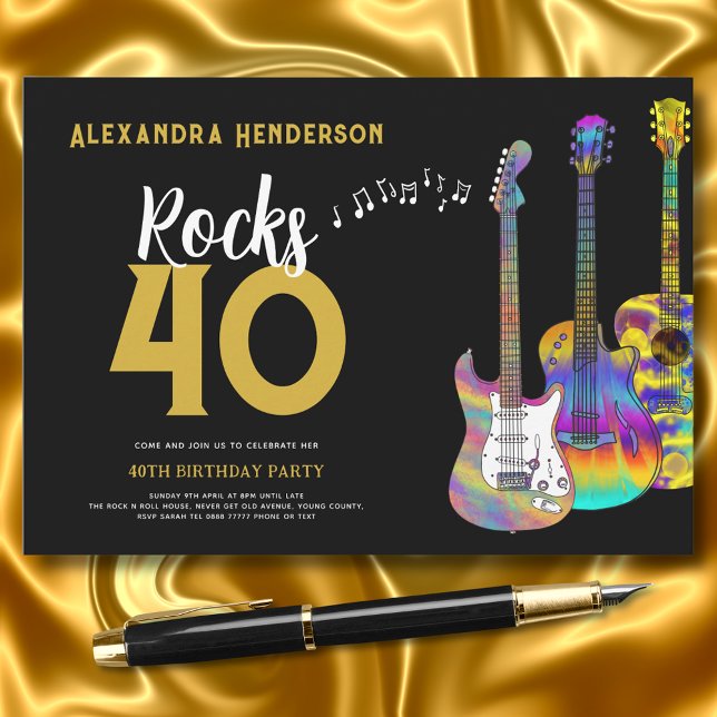 40:e födelsedagen Party Rock and roll Inbjudningar (guitar music black and gold 40th birthday party invitation )