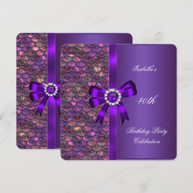 40:e födelsedagen Party Sequins Rosa Lila Diamond Inbjudningar (Fram/baksida)