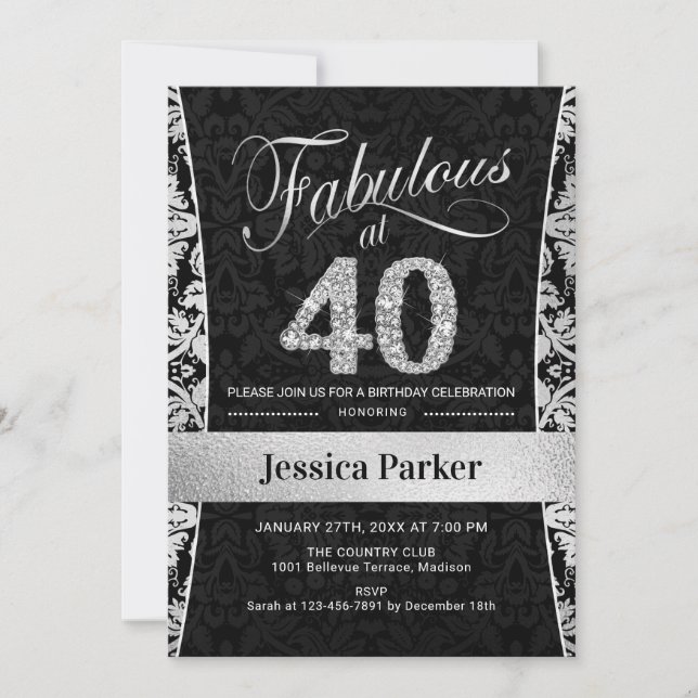 40:e födelsedagen Party - Silver Black Inbjudningar (Framsida)