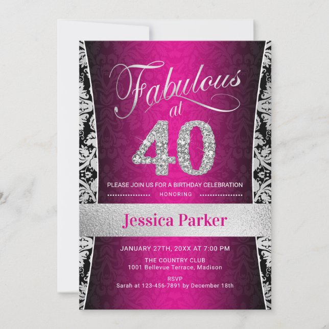 40:e födelsedagen Party - Silver Rosa Black Inbjudningar (Framsida)