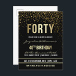 40:e födelsedagen Party | Skummande Guld-konfetti Inbjudan Vykort<br><div class="desc">Denna formella,  elegant,  trendig,  moderna 40-födelsedagsfesters postkortsinbjudan är lämplig för manar för kvinnor. Det omfattar guldrent linjer,  snyggt,  gutiska manus i övre fodral och sofistikerad text i form av faux guld på svart bakgrund med duschar av gnistrande,  shimmrande guld konetti och party-strömmare.</div>