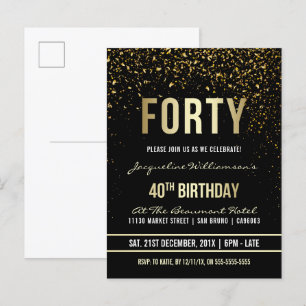 40:e födelsedagen Party Skummande Guld-konfetti Inbjudan Vykort