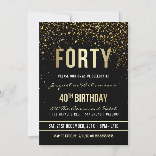 40:e födelsedagen Party | Skummande Guld-konfetti Inbjudningar (Framsida)