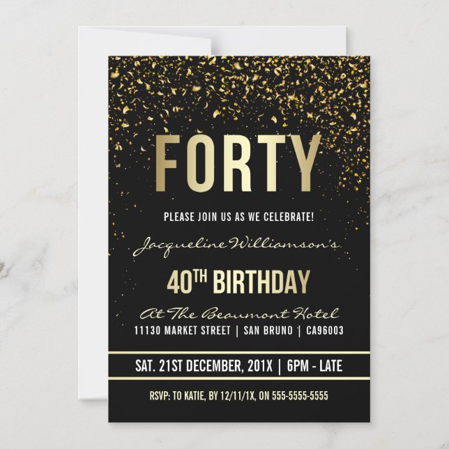 40:e födelsedagen Party | Skummande Guld-konfetti Magnetisk Inbjudningskort (Framsida)