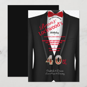 40:e födelsedagen Party, Tuxedo Kostym, Black & Re Inbjudningar