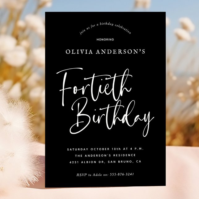 40:e födelsedagen Party | Vit på svart typografi Inbjudningar (Skapare uppladdad)