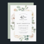 40:e födelsedagen Party Vit ros Blommigt Inbjudningar<br><div class="desc">Ät en speciell kvinna med denna elegant 40:e födelsedagsinbjudan. Vit ros som är inkapslat i mjuk grönt eucalyptus löv bildar ett modernt botaniskt ram. Hela texten kan redigeras så att du kan beskriva ditt speciella firande perfekt</div>