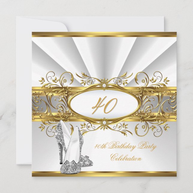 40:e födelsedagen Party Vita Guld Silver Heels Inbjudningar (Framsida)