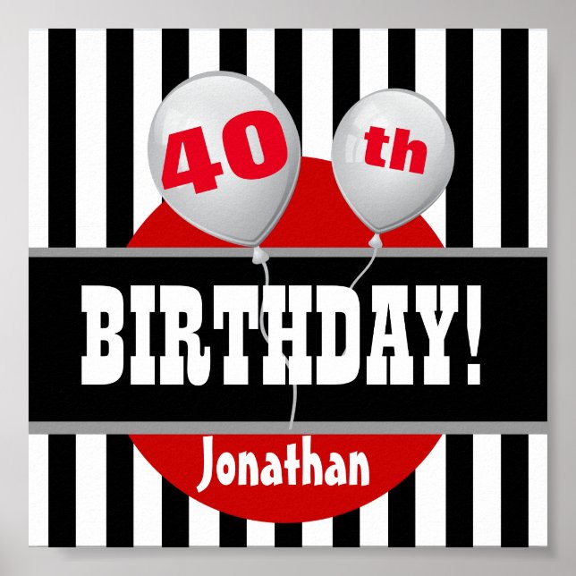40:e födelsedagen Rand och Ballon BLACK RED A05 Poster (Framsidan)