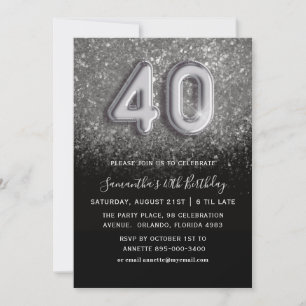 40:e födelsedagen Silver & Black Glitter Party Inbjudningar