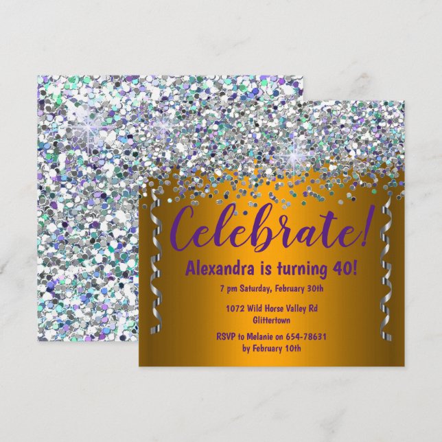 40:e födelsedagen silver Glitter och Metallic Guld Inbjudningar (Fram/baksida)