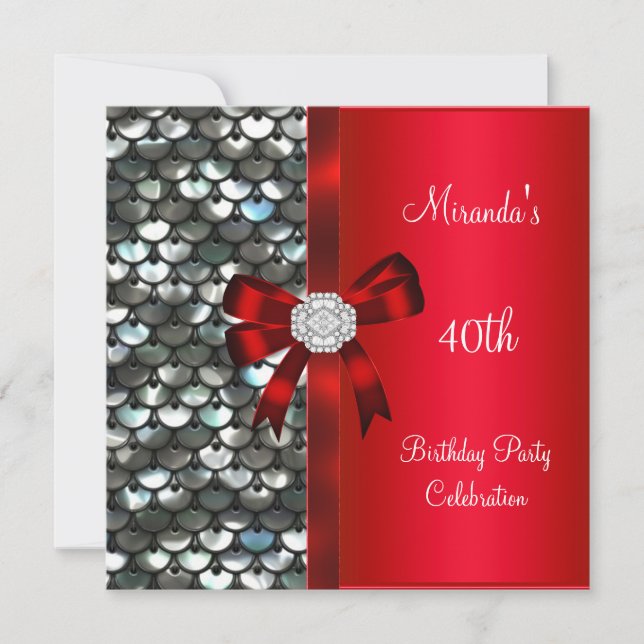 40:e födelsedagen Silver Sequins Red Diamond Bow Inbjudningar (Framsida)