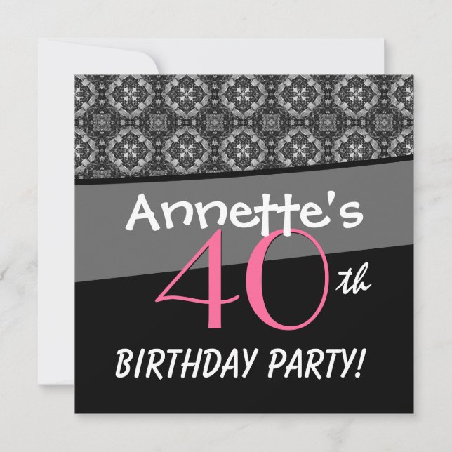 40:e födelsedagen Svarta vita Rosa Ornate Diamonds Inbjudningar (Framsida)
