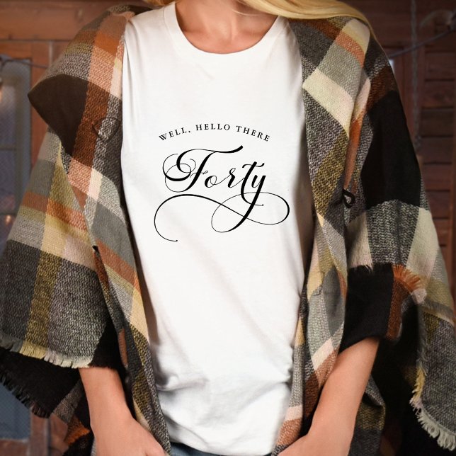 40:e födelsedagen Swirly Calligraphy Women's's T Shirt (Elegant Swirly Calligraphy 40th Birthday T-Shirt with Well, Hello There Forty Quote)