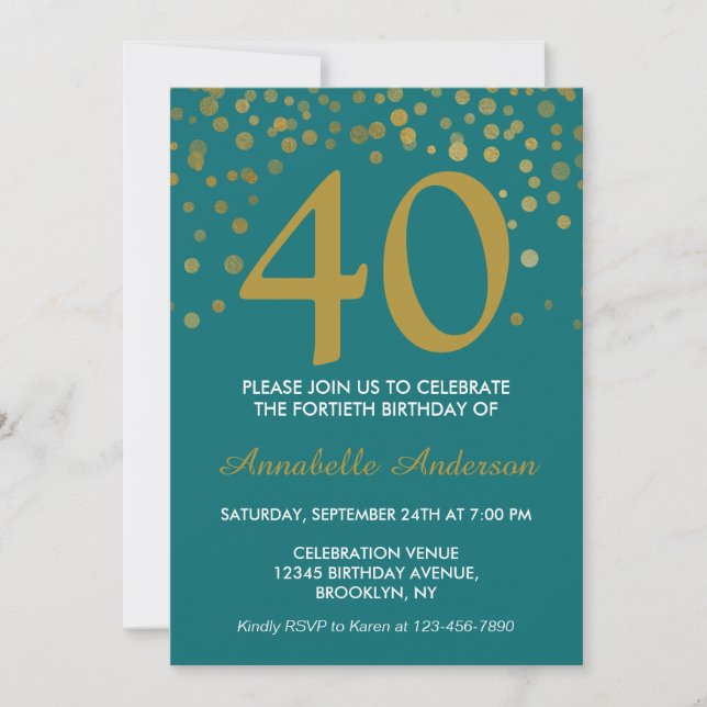 40:e födelsedagen Teal Aqua Guld Modern Confetti-p Inbjudningar (Framsida)