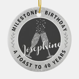 40:e födelsedagsdagen Champagne Toast Namn Silver  Julgransprydnad Keramik