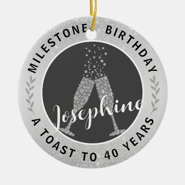 40:e födelsedagsdagen Champagne Toast Namn Silver  Julgransprydnad Keramik (Framsidan)