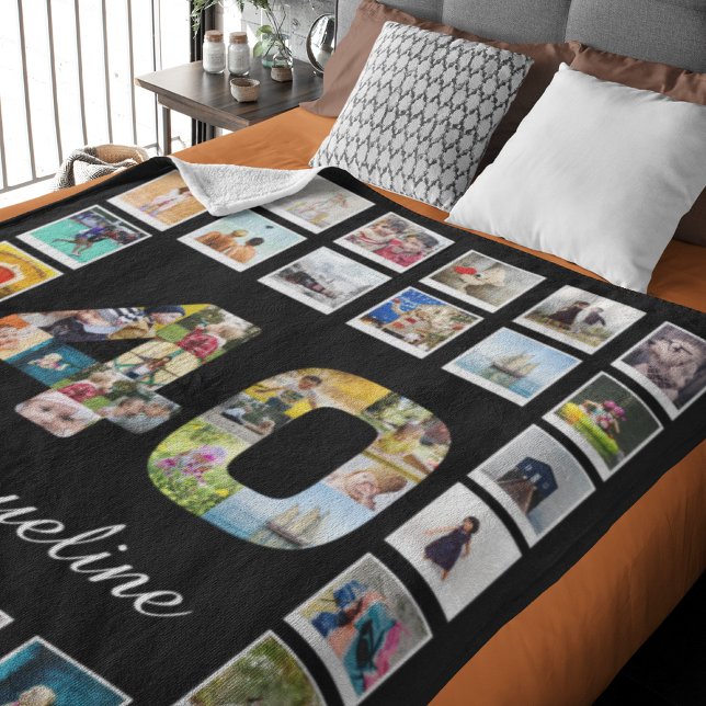 40:e födelsedagsfamiljens fotokollage stor fleecefilt (Large 40th birthday fleece blanket personalized with name and favorite photos.)