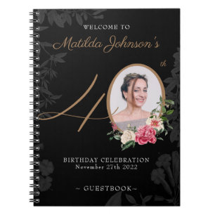 40:e födelsedagsfoto av Black Guld Guestbook Blomm Anteckningsbok