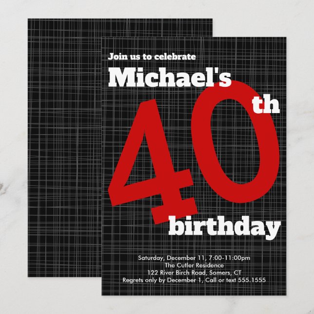 40:e födelsedagsinbjudan svart med röd accent, inbjudningar (Fram/baksida)