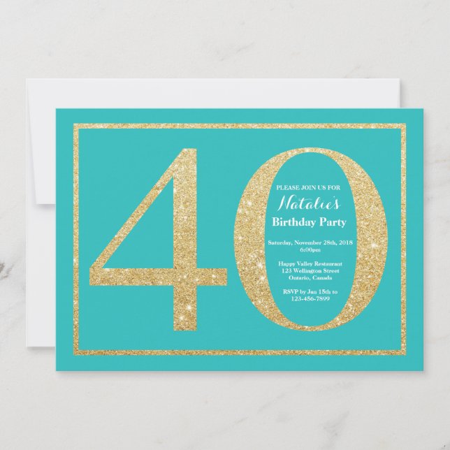 40:e födelsedagsinbjudan Teal och Guld Glitter Inbjudningar (Framsida)