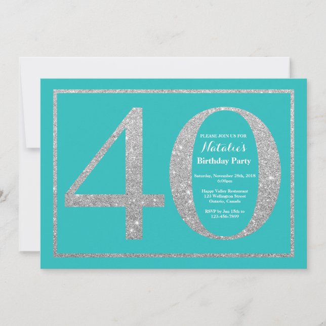 40:e födelsedagsinbjudan Teal och Silver Glitter Inbjudningar (Framsida)