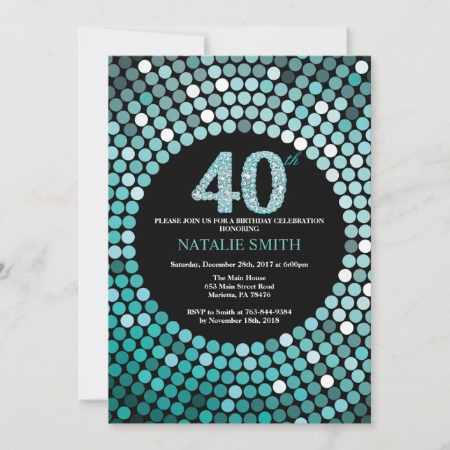 40:e födelsedagsinbjudan till Black and Teal Glitt Inbjudningar (Framsida)