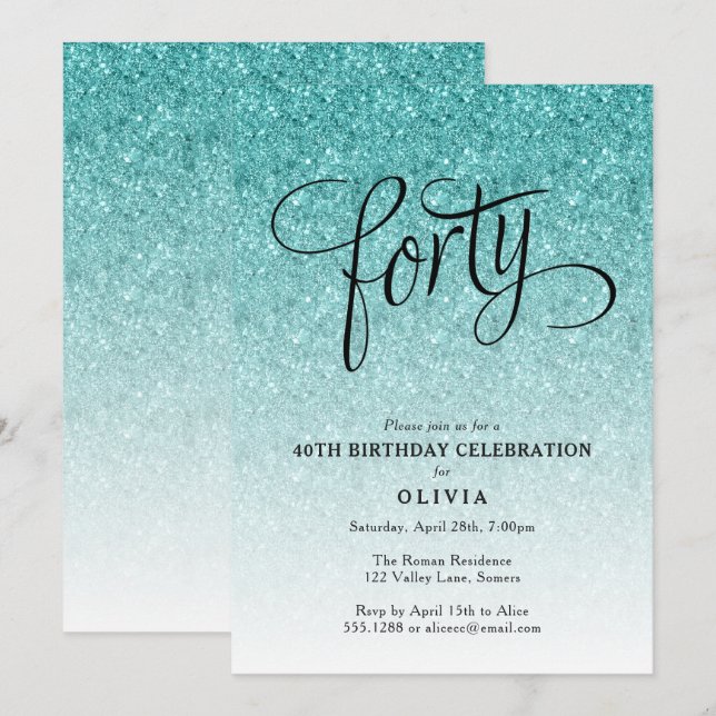 40:e födelsedagsinbjudan till Blue Ombre Glitter Inbjudningar (Fram/baksida)