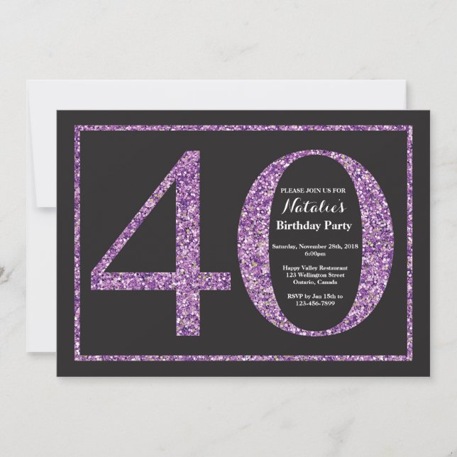 40:e födelsedagsinbjudan till Lila Glitter Chalkbo Inbjudningar (Framsida)