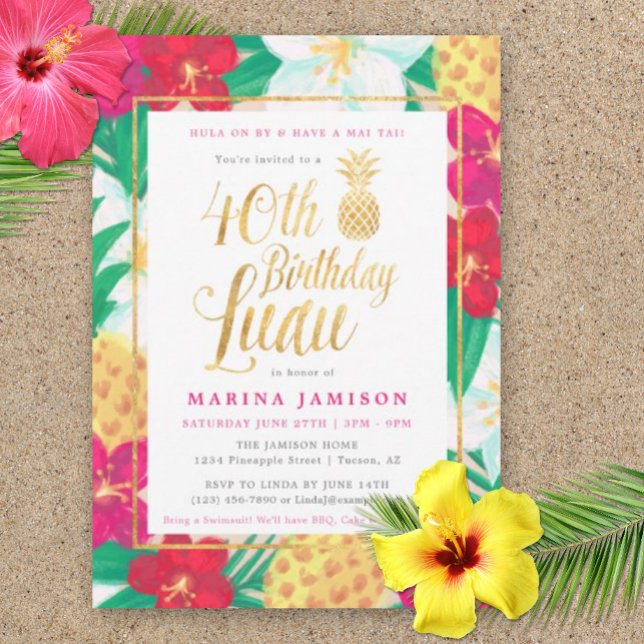 40:e födelsedagsinbjudan till Luau | Rosa och Guld Inbjudningar (40th Birthday Luau Party Invitation)