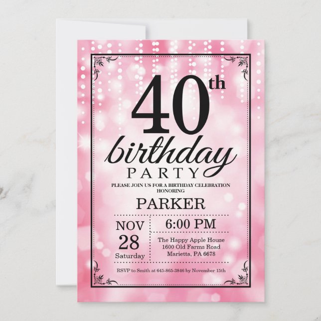 40:e födelsedagsinbjudan till Rosa Glitter Inbjudningar (Framsida)