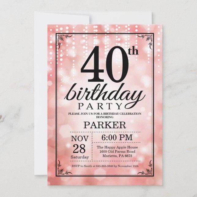 40:e födelsedagsinbjudan till Rosa Glitter Inbjudningar (Framsida)