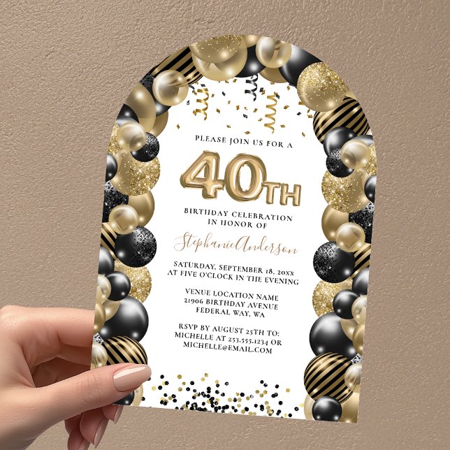40:e födelsedagsinbjudan till svart Gnistra i Guld Inbjudningar (40th Birthday Balloon Gold Black Sparkle Invitatio Invitation)