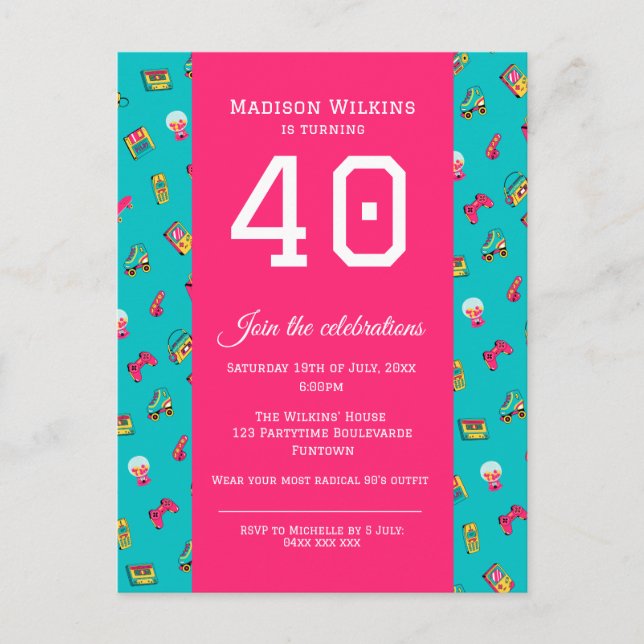 40:e födelsedagspartiets vykort, Shock rosa Inbjudan Vykort (Framsida)