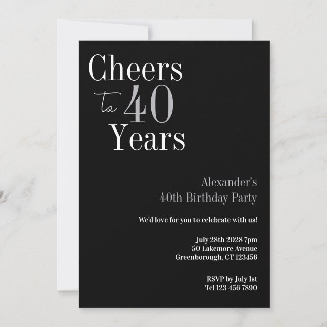 40:e födelsedagstjuren 40 år Black Silver Party Inbjudningar (Framsida)
