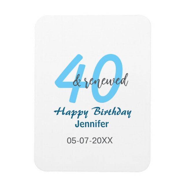 40:e & förnyad födelsedagsnamn datum blå fet siffr magnet (Vertikal)