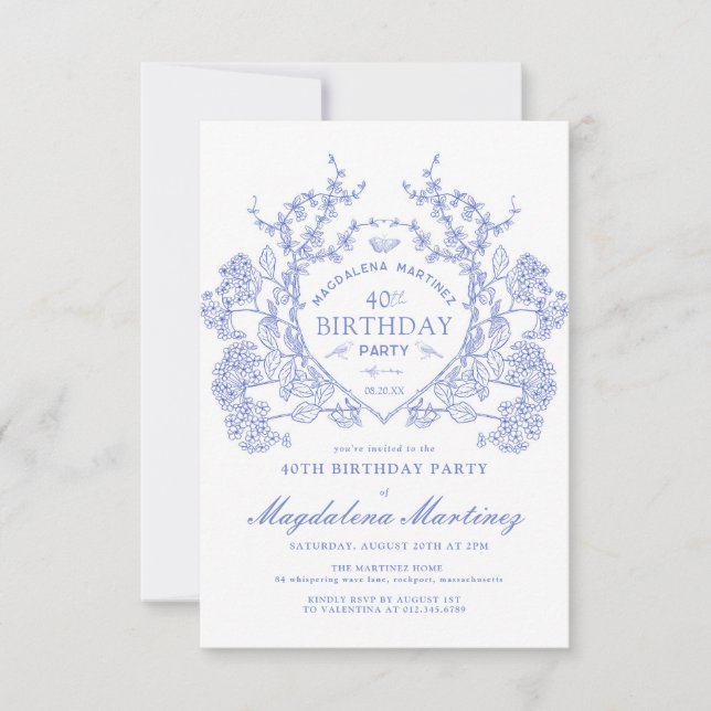 40:e Franskens Vintage Blått Blommigt Vapensköld Inbjudningar (Framsida)