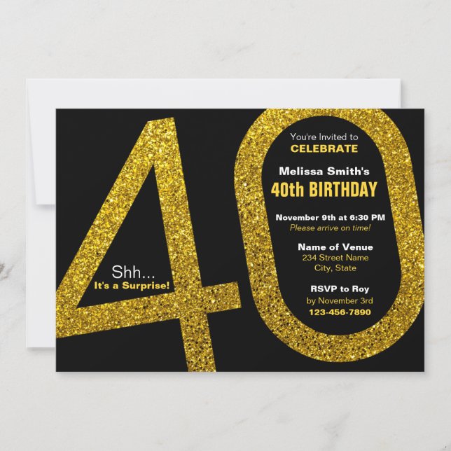 40:e Guld Glitter-födelsedagsinbjudan Inbjudningar (Framsida)